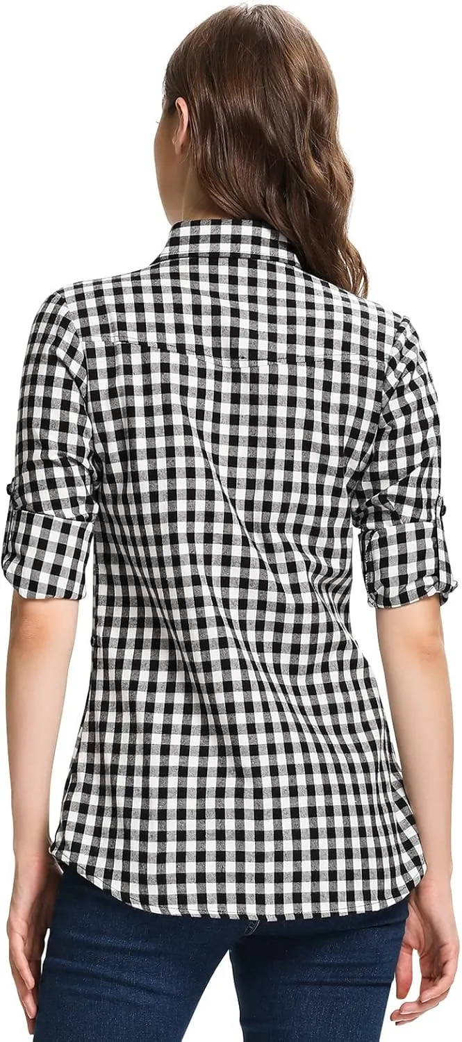 OCHENTA Women's Roll Up Sleeve Button Down Plaid Flannel Shirt Fall Casual Tops