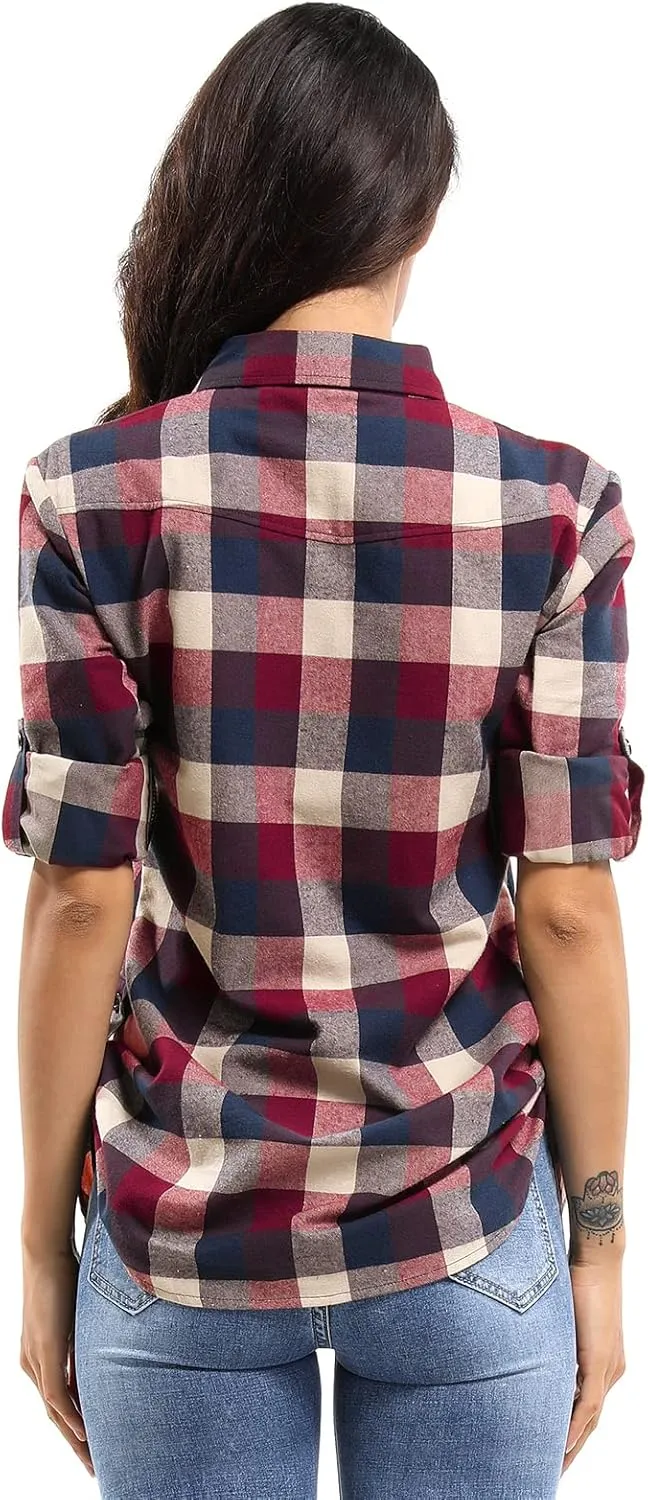 OCHENTA Women's Roll Up Sleeve Button Down Plaid Flannel Shirt Fall Casual Tops