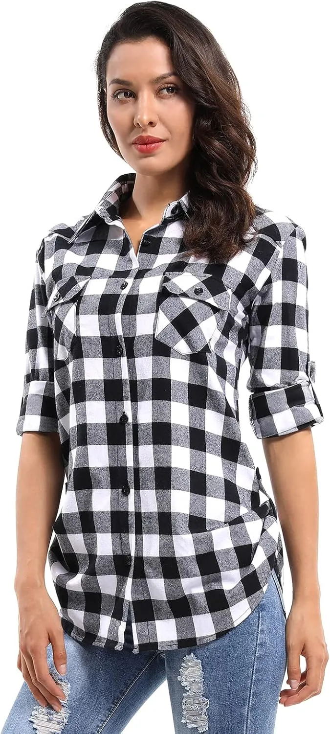 OCHENTA Women's Roll Up Sleeve Button Down Plaid Flannel Shirt Fall Casual Tops