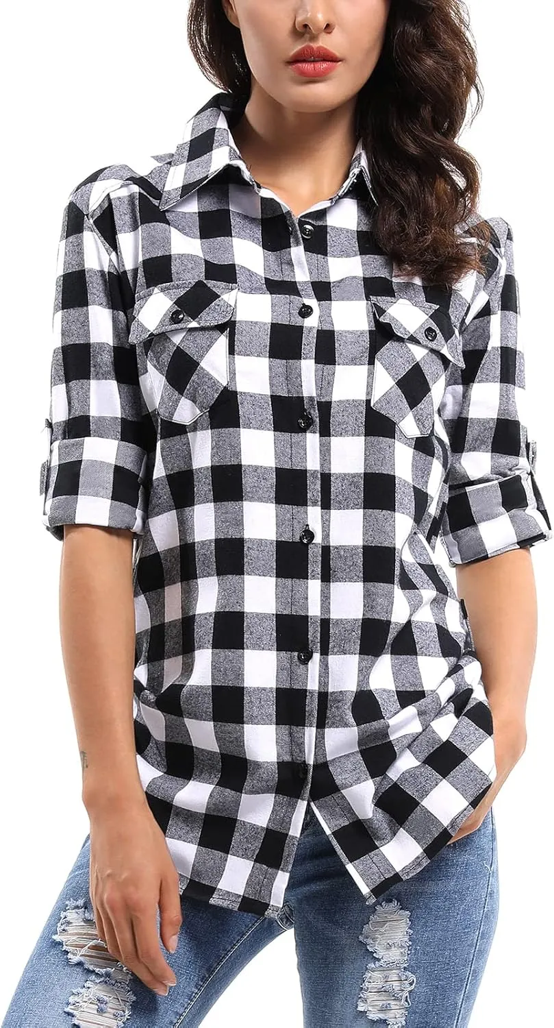 OCHENTA Women's Roll Up Sleeve Button Down Plaid Flannel Shirt Fall Casual Tops
