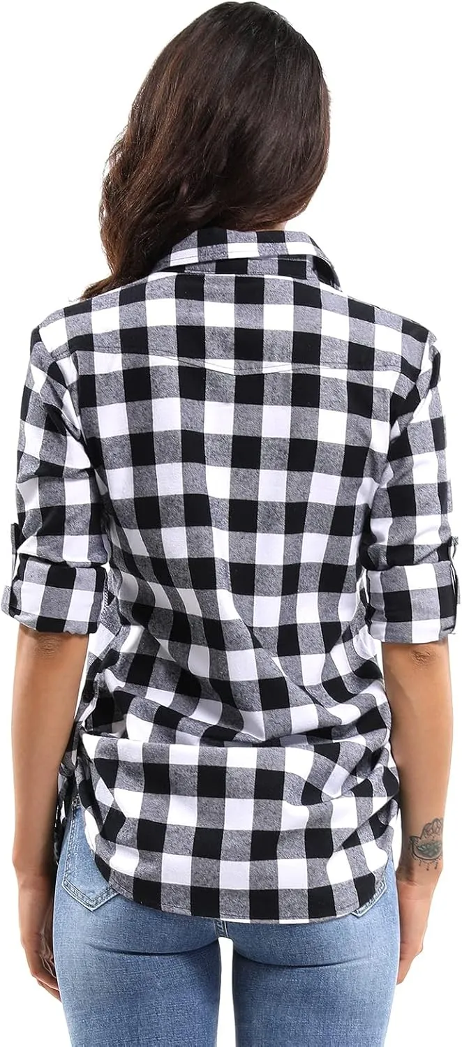 OCHENTA Women's Roll Up Sleeve Button Down Plaid Flannel Shirt Fall Casual Tops