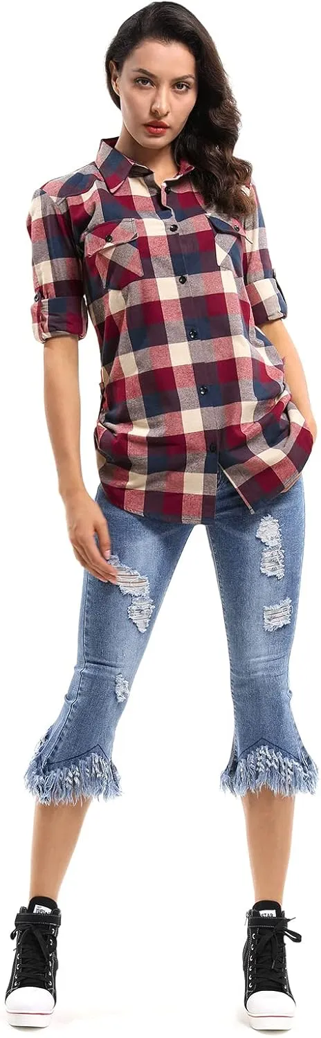 OCHENTA Women's Roll Up Sleeve Button Down Plaid Flannel Shirt Fall Casual Tops