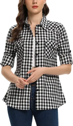 OCHENTA Women's Roll Up Sleeve Button Down Plaid Flannel Shirt Fall Casual Tops