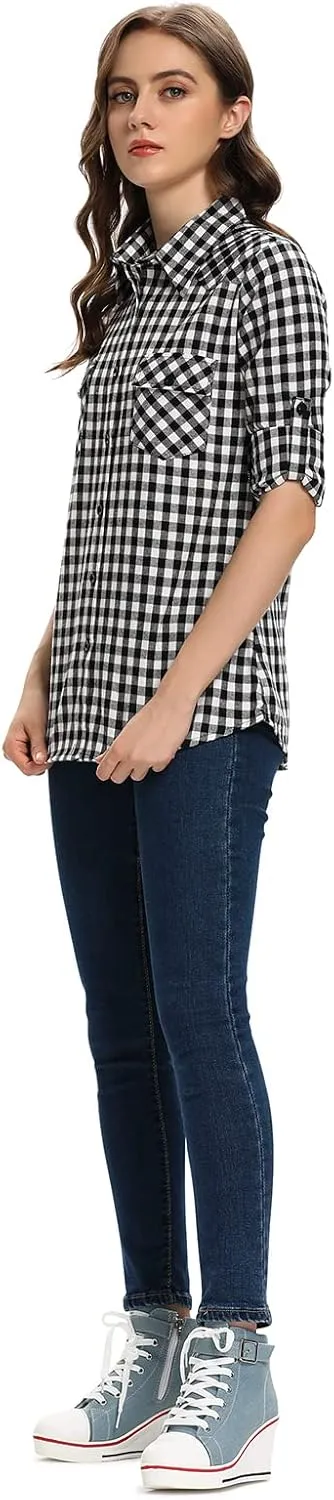 OCHENTA Women's Roll Up Sleeve Button Down Plaid Flannel Shirt Fall Casual Tops