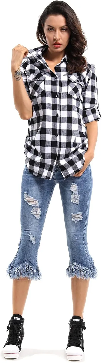 OCHENTA Women's Roll Up Sleeve Button Down Plaid Flannel Shirt Fall Casual Tops