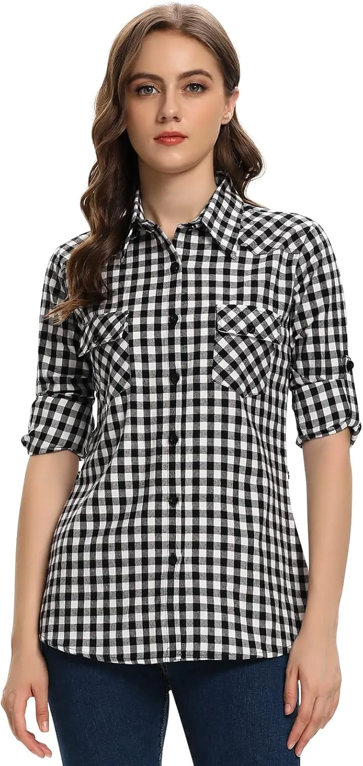 OCHENTA Women's Roll Up Sleeve Button Down Plaid Flannel Shirt Fall Casual Tops