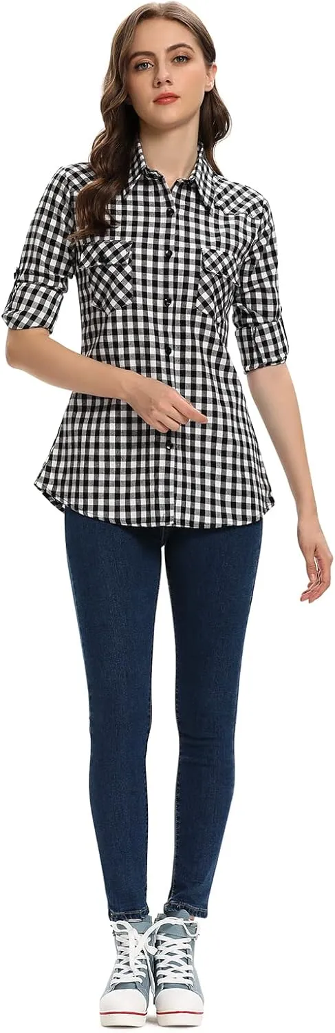 OCHENTA Women's Roll Up Sleeve Button Down Plaid Flannel Shirt Fall Casual Tops
