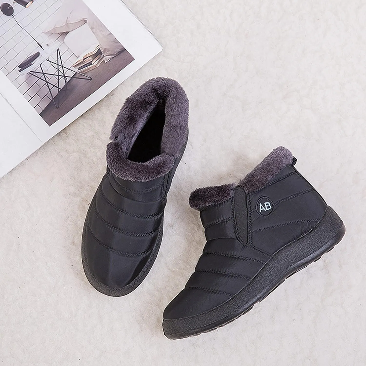 oiangi Platform Snow Boots for Women Waterproof Fashion Quilted Keep Warm Round Toe Slip-on Flats Booties Winter Soft Comfortable Outdoor Casual Shoes