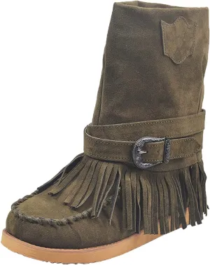 oiangi Tassel Boots for Women Fashion Suede Winter Round Toe Strap buckle Vintage Fringe Mid-Calf boots Comfortable casual Ladies Outdoor Flat Shoes