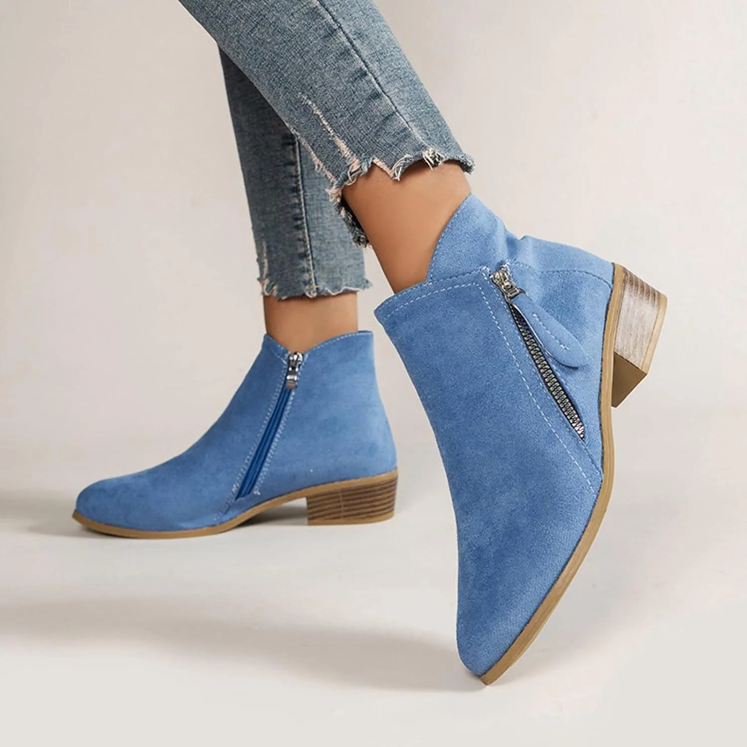 oiangi Womens Boots Fall 2022 Ankle Booties Vintage Slip on Round Toe Side Zipper Chunky Block Mid Heel Booties Solid Casual Comfy Outdoor Ladies Shoes