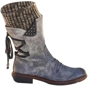 oiangi Womens Mid-calf Snow Boots Fashion Back Strap Woolen Yarn Elastic Round Toe Square Heel Slip-On Boots Winter Outdoor Warm Casual Shoes