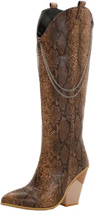 oiangi Womens Snake Print Western Boots - Fashion Back Zipper Metal Chain Chunky High Heel Mid Calf Boots Casual Trendy Stacked Heel Leather Shoes