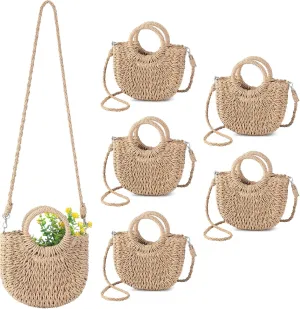 Oudain 6 Pcs Semi Circle Rattan Straw Bags Straw Purses for Women Summer Beach Tote Bags Hand Woven Cross Body Handbag