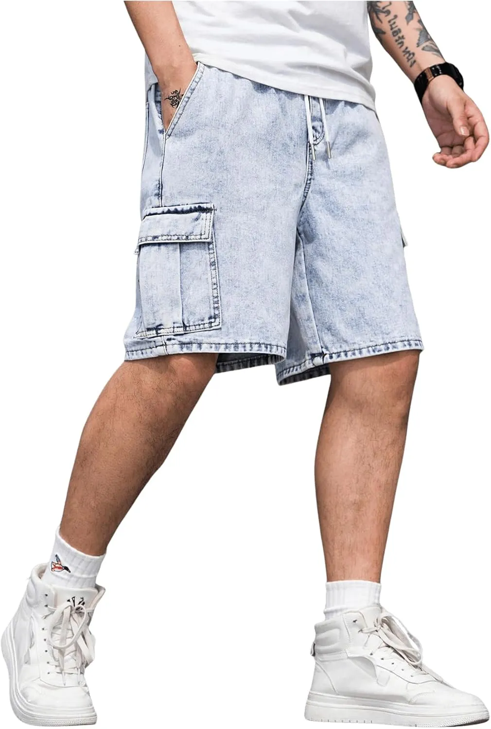 OYOANGLE Men's Drawstring Elastic Waist Flap Pocket Straight Cargo Jean Denim Shorts