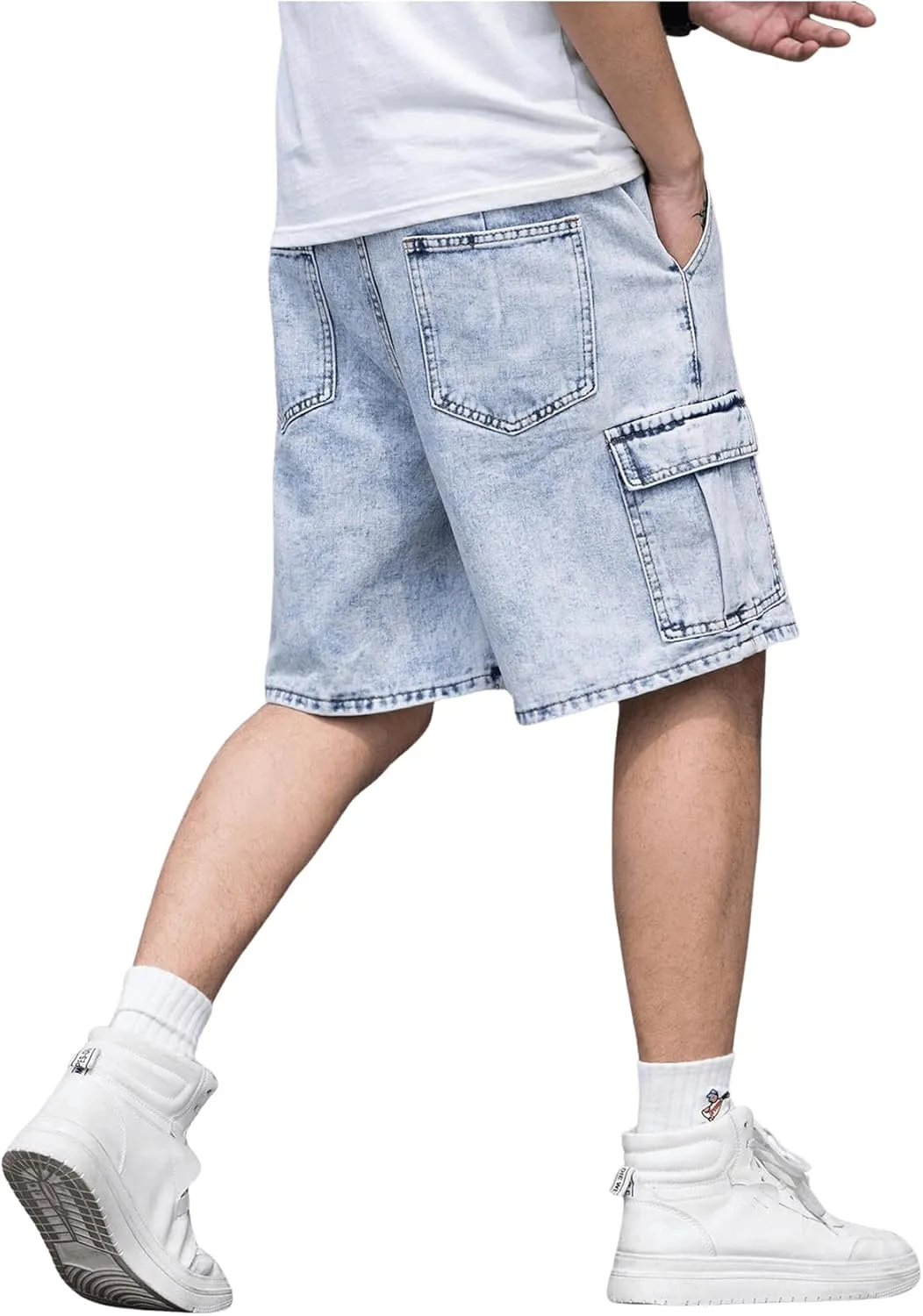 OYOANGLE Men's Drawstring Elastic Waist Flap Pocket Straight Cargo Jean Denim Shorts