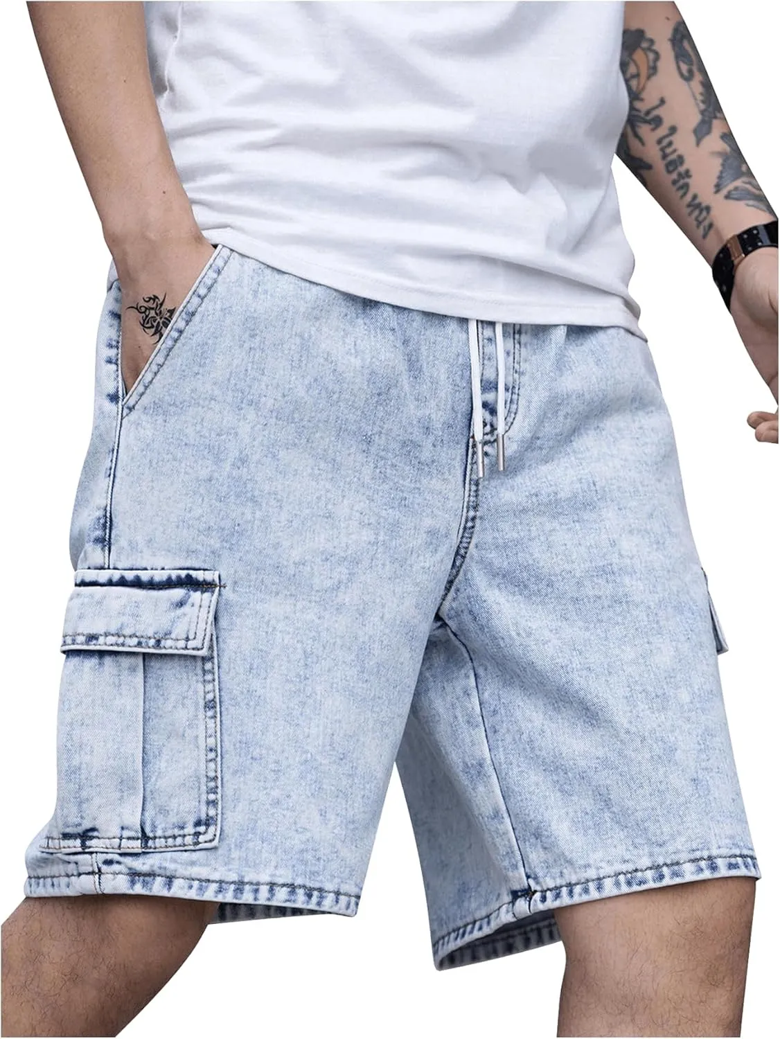 OYOANGLE Men's Drawstring Elastic Waist Flap Pocket Straight Cargo Jean Denim Shorts