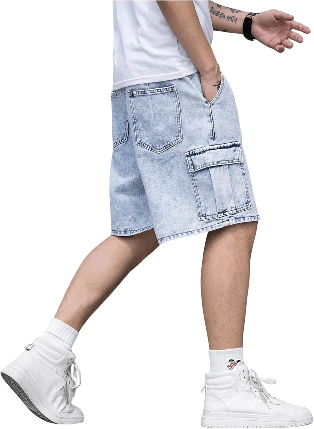 OYOANGLE Men's Drawstring Elastic Waist Flap Pocket Straight Cargo Jean Denim Shorts