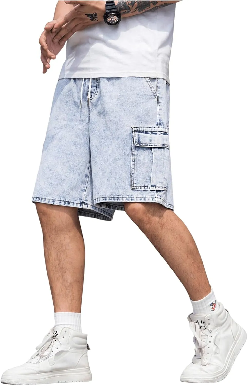 OYOANGLE Men's Drawstring Elastic Waist Flap Pocket Straight Cargo Jean Denim Shorts