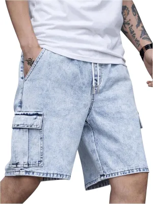 OYOANGLE Men's Drawstring Elastic Waist Flap Pocket Straight Cargo Jean Denim Shorts