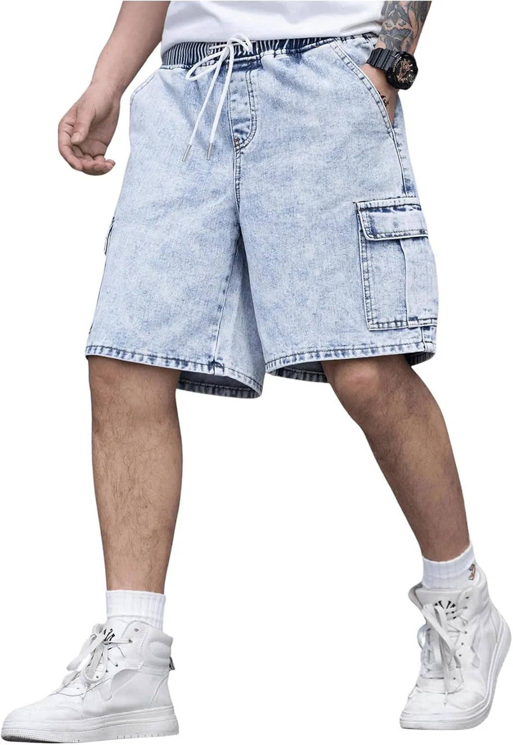 OYOANGLE Men's Drawstring Elastic Waist Flap Pocket Straight Cargo Jean Denim Shorts