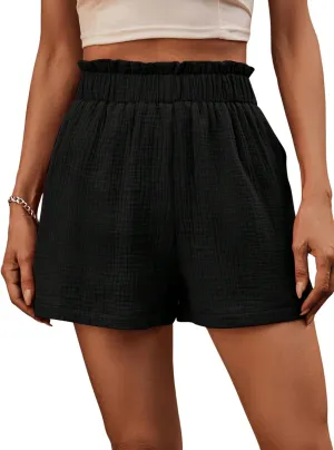 OYOANGLE Women's Solid Paperbag High Waisted Wide Leg Casual Summer Shorts with Pocket