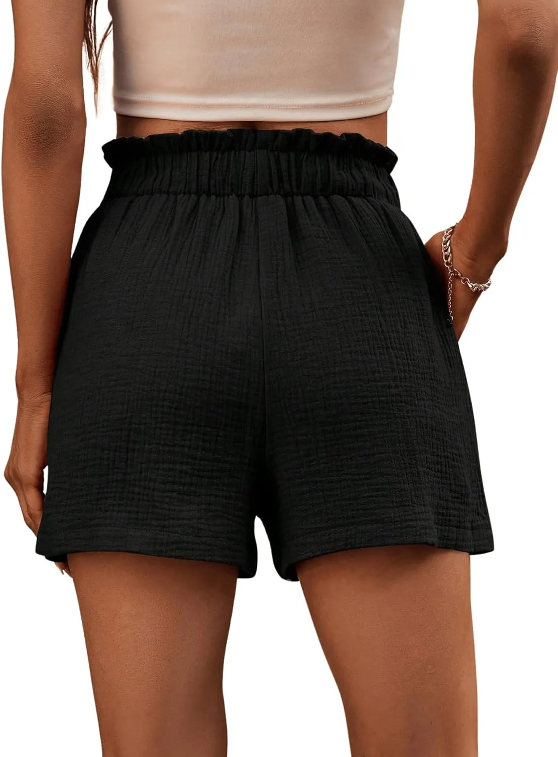 OYOANGLE Women's Solid Paperbag High Waisted Wide Leg Casual Summer Shorts with Pocket
