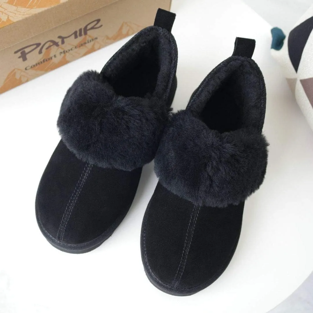 PAMIR Women's Genuine Suede Shearling Ankle Moccasin Booties Slippers Boots Memory Foam Indoor Outdoor