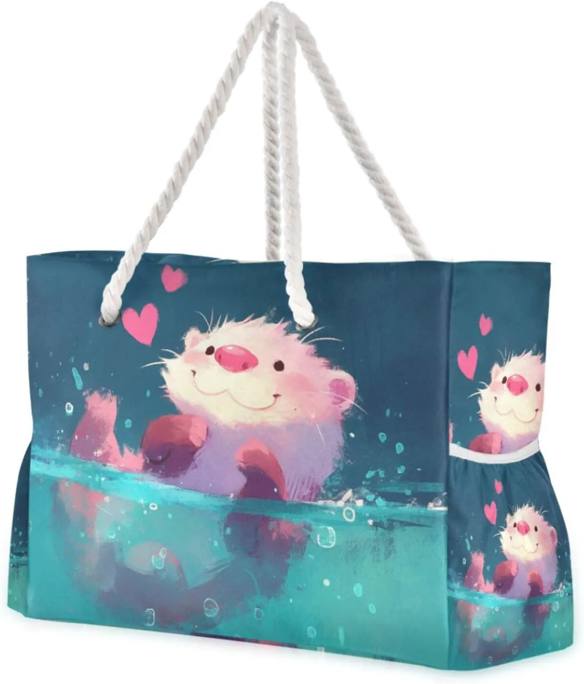 Peach Cute Cartoon Otter Sandproof Tote Travel Bag with side pocketes Duffel Bag Women with cup holders on side