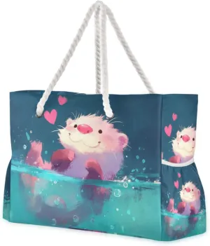 Peach Cute Cartoon Otter Sandproof Tote Travel Bag with side pocketes Duffel Bag Women with cup holders on side
