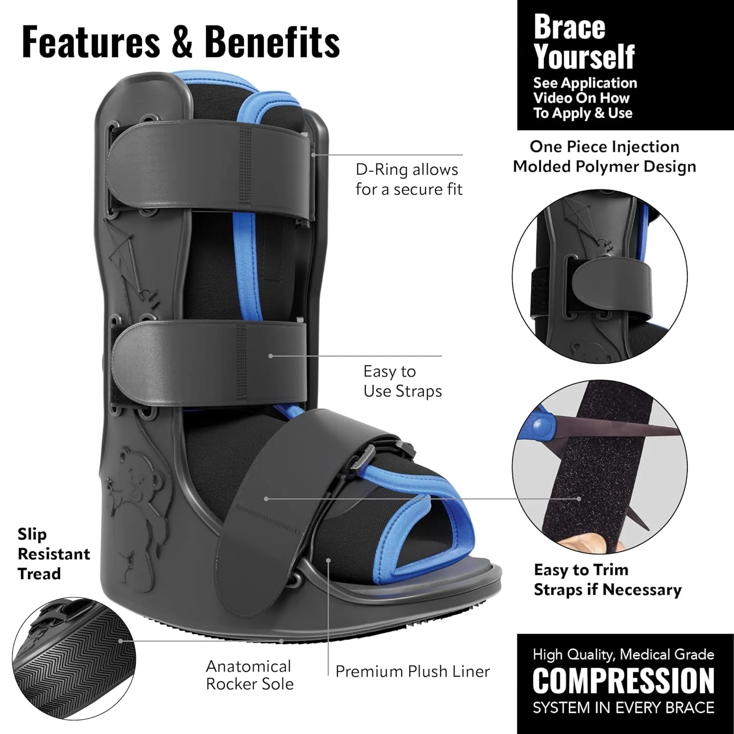 Pediatric Buddy Boot, Kids Medical Grade Left/Right Foot & Ankle Support Brace, Sprain & Injury Recovery Walker Boots, Kids Ankle Brace for Sports and Recovery, Medium Blue Liner, Black