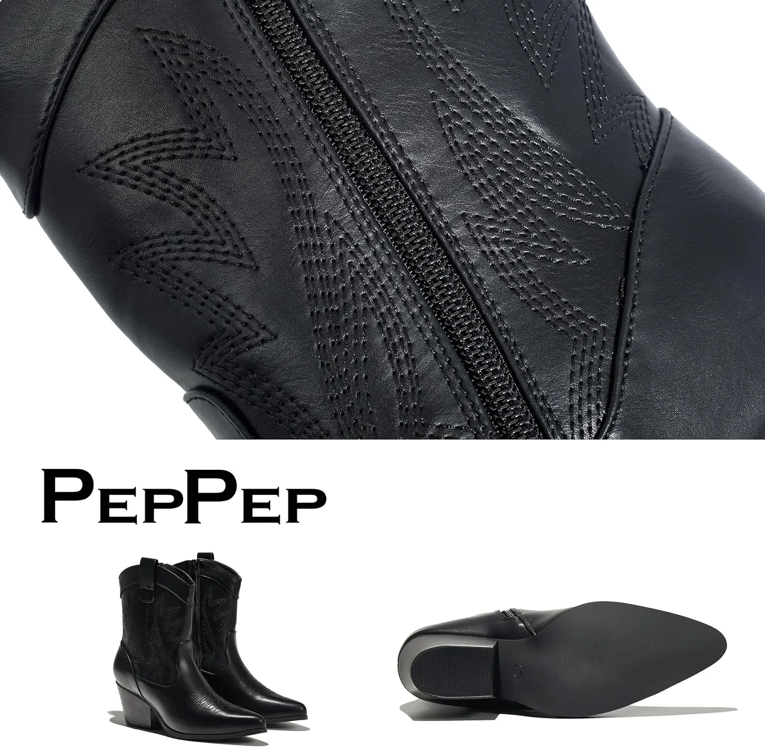 PEPPEP Western Cowgirl Cowboy Ankle Boots for Women or Ladies, Mid Calf, Vegan Leather Embroidered Upper, Low Heel, Fashionable Pointed-toe, Well Made