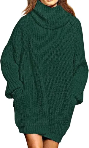 Pink Queen Women's Loose Turtleneck Oversize Long Pullover Sweater Dress