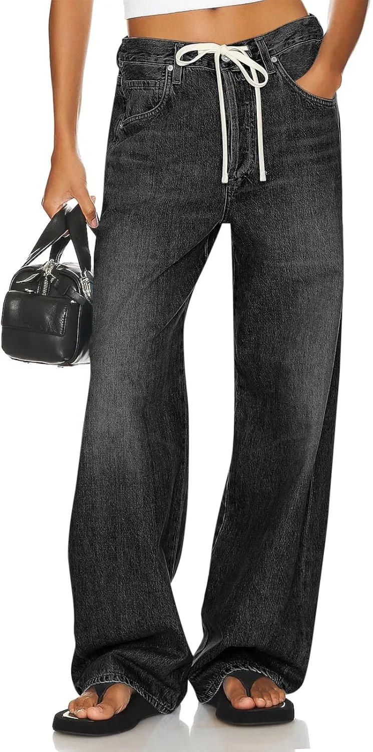 PLNOTME Womens Baggy Wide Leg Jeans Boyfriend Drawstring High Waisted Mom Denim Pants with Pockets