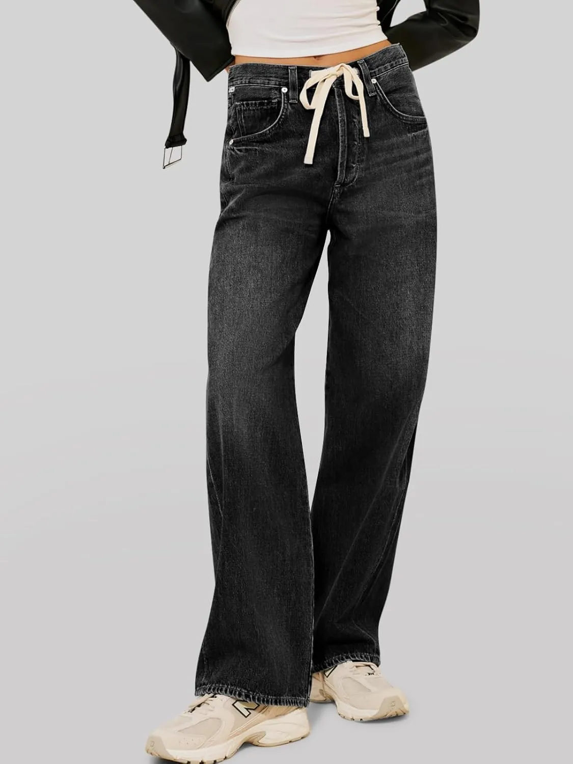 PLNOTME Womens Baggy Wide Leg Jeans Boyfriend Drawstring High Waisted Mom Denim Pants with Pockets