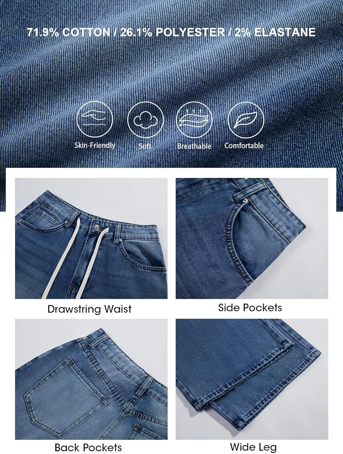 PLNOTME Womens Baggy Wide Leg Jeans Boyfriend Drawstring High Waisted Mom Denim Pants with Pockets