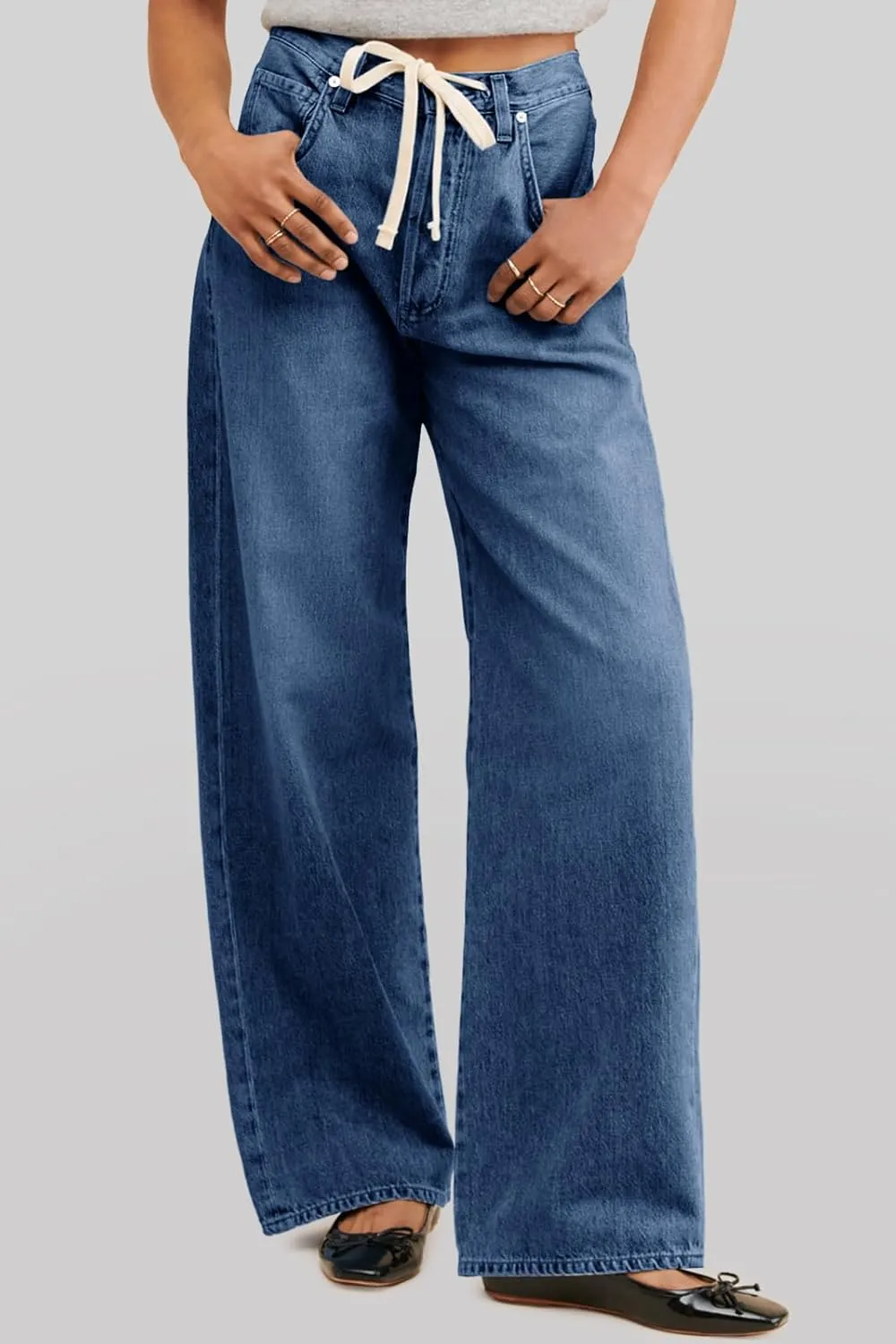 PLNOTME Womens Baggy Wide Leg Jeans Boyfriend Drawstring High Waisted Mom Denim Pants with Pockets