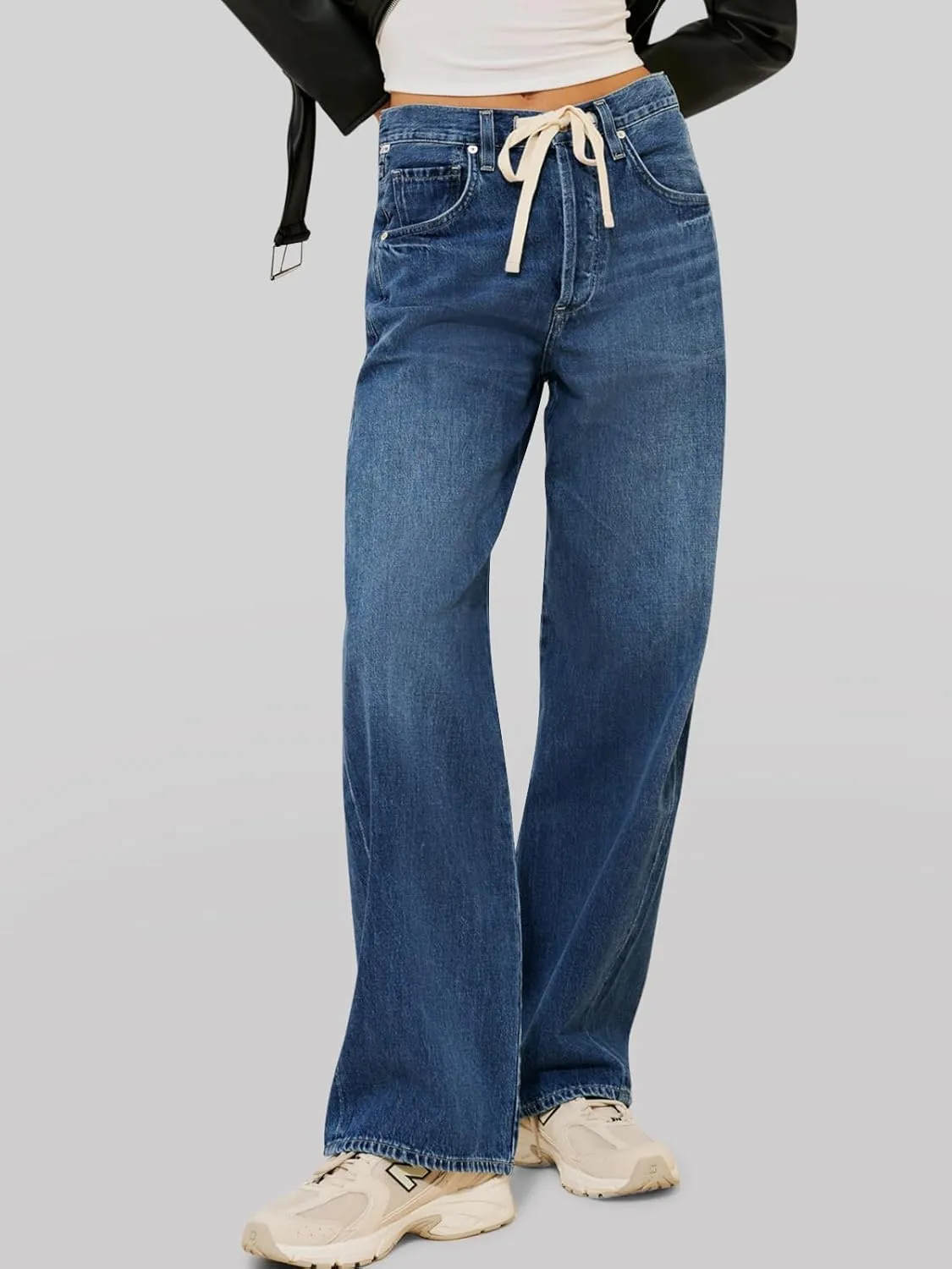 PLNOTME Womens Baggy Wide Leg Jeans Boyfriend Drawstring High Waisted Mom Denim Pants with Pockets
