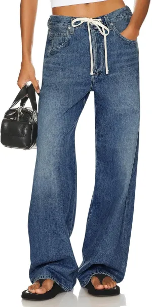 PLNOTME Womens Baggy Wide Leg Jeans Boyfriend Drawstring High Waisted Mom Denim Pants with Pockets