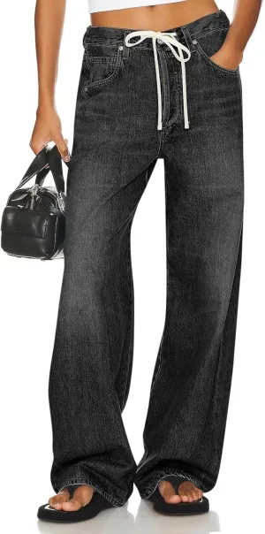 PLNOTME Womens Baggy Wide Leg Jeans Boyfriend Drawstring High Waisted Mom Denim Pants with Pockets