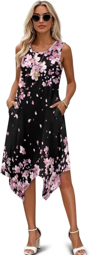 Plus Size Dress with Pocket Women Sleeveless Irregular Hem Dress