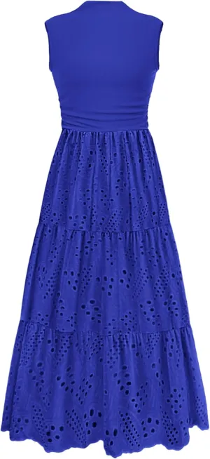 PRETTYGARDEN Summer Dresses for Women 2025 Casual Eyelet Sleeveless Wedding Guest Maxi Dress Tank Top Sundress with Pockets