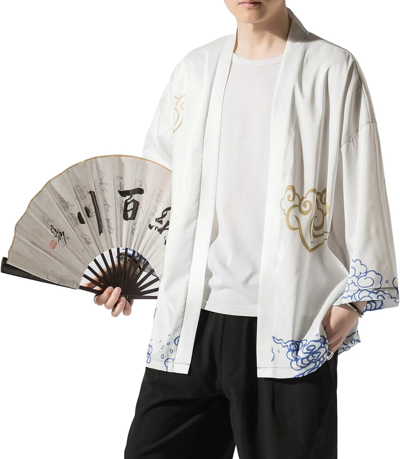 PRIJOUHE Men's Japanese Kimono Cardigan Jackets Casual Long Sleeve Open Front Coat Lightweight Yukata Outwear