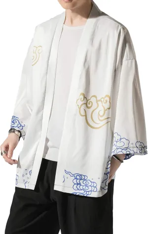 PRIJOUHE Men's Japanese Kimono Cardigan Jackets Casual Long Sleeve Open Front Coat Lightweight Yukata Outwear
