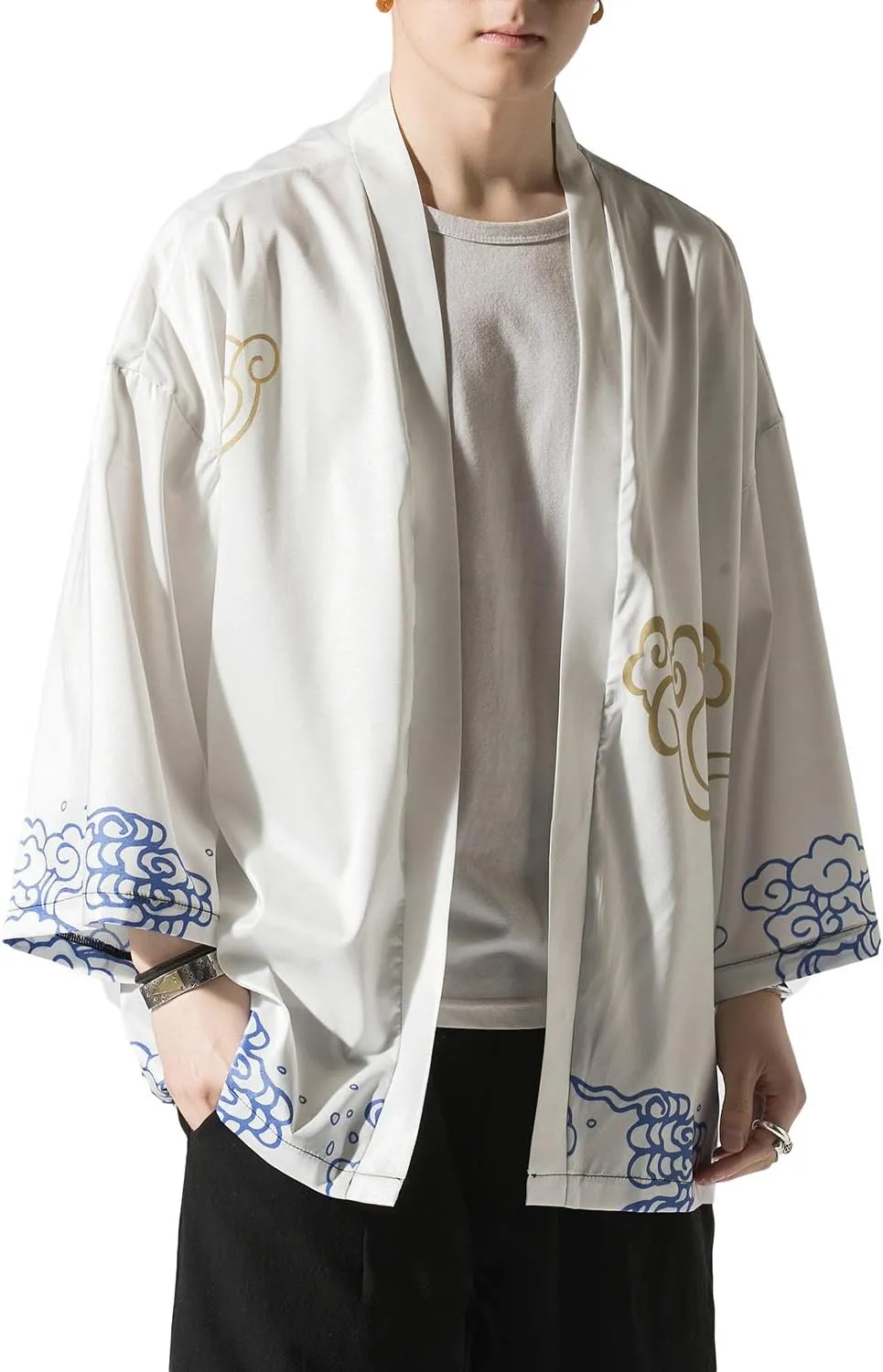 PRIJOUHE Men's Japanese Kimono Cardigan Jackets Casual Long Sleeve Open Front Coat Lightweight Yukata Outwear