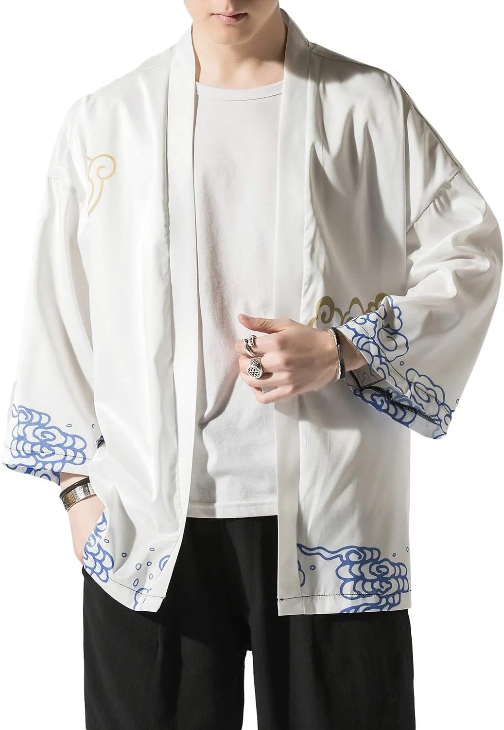 PRIJOUHE Men's Japanese Kimono Cardigan Jackets Casual Long Sleeve Open Front Coat Lightweight Yukata Outwear