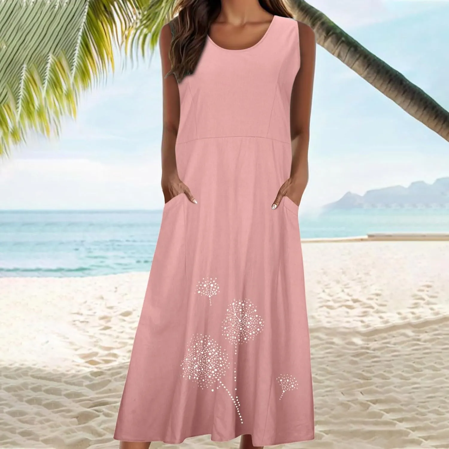 Printed Summer Dresses for Women Round Neck Pleated Sleeveless Pocket Vacation Dress Ladies Trendy Spring Dress