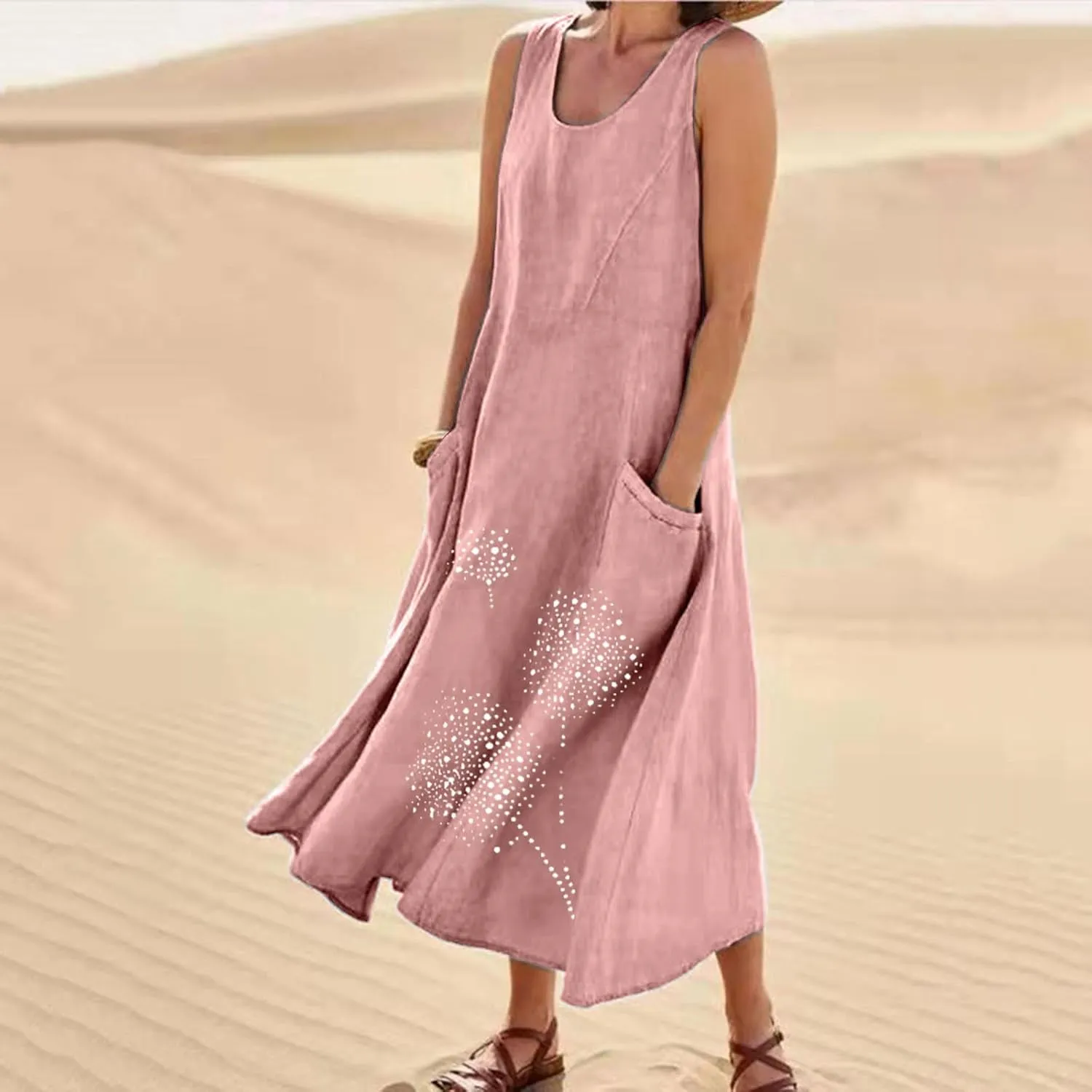 Printed Summer Dresses for Women Round Neck Pleated Sleeveless Pocket Vacation Dress Ladies Trendy Spring Dress