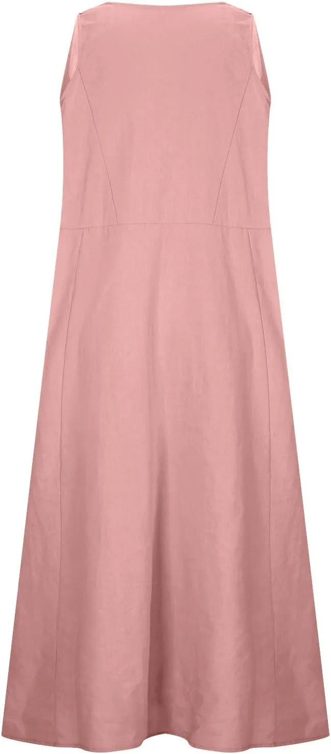 Printed Summer Dresses for Women Round Neck Pleated Sleeveless Pocket Vacation Dress Ladies Trendy Spring Dress