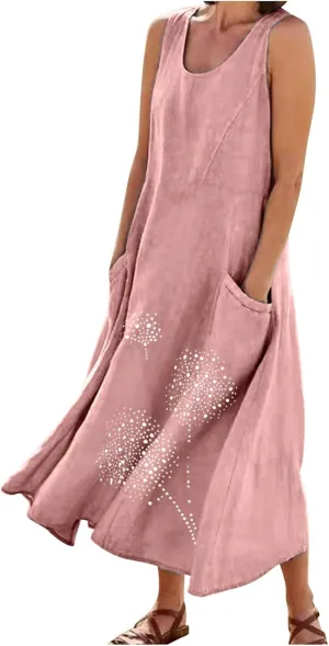 Printed Summer Dresses for Women Round Neck Pleated Sleeveless Pocket Vacation Dress Ladies Trendy Spring Dress