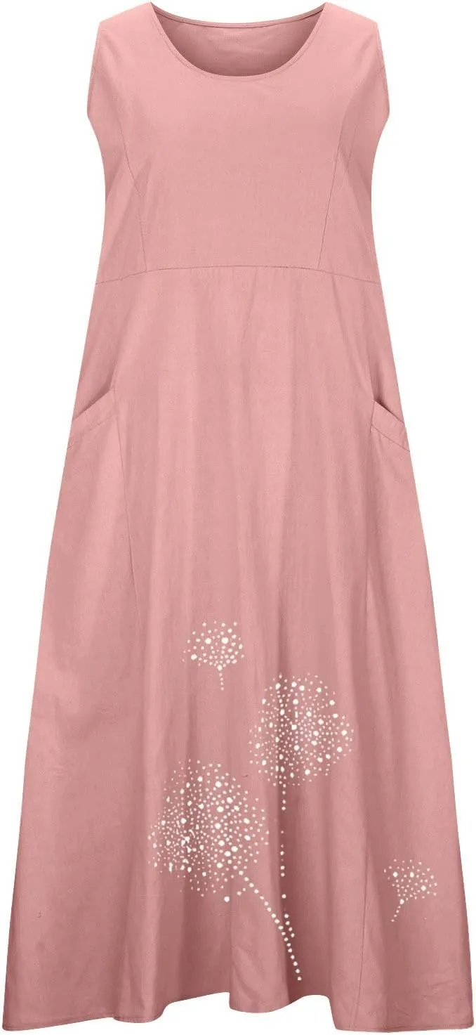 Printed Summer Dresses for Women Round Neck Pleated Sleeveless Pocket Vacation Dress Ladies Trendy Spring Dress